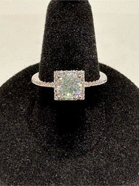 Square-Cut Moissanite Solitaire Halo Ring - Silver